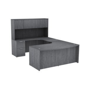 Classic Laminate Bow Front U Desk with Extended Worksurfaces on Desk and Credenza  w/Hutch Full Pedestals 71" x 108" Footprint